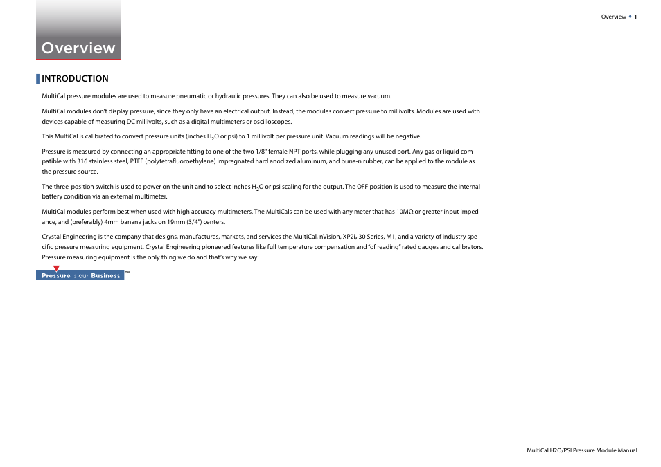 Overview, Introduction | Crystal MultiCal Pressure Module User Manual | Page 3 / 12