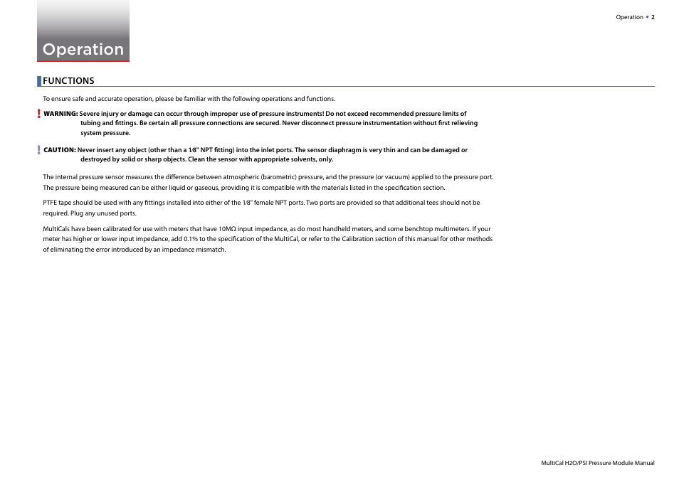 Operation, Functions | Crystal MultiCal Pressure Module User Manual | Page 4 / 12