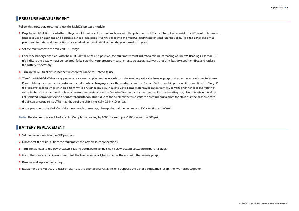 Pressure measurement, Battery replacement | Crystal MultiCal Pressure Module User Manual | Page 5 / 12