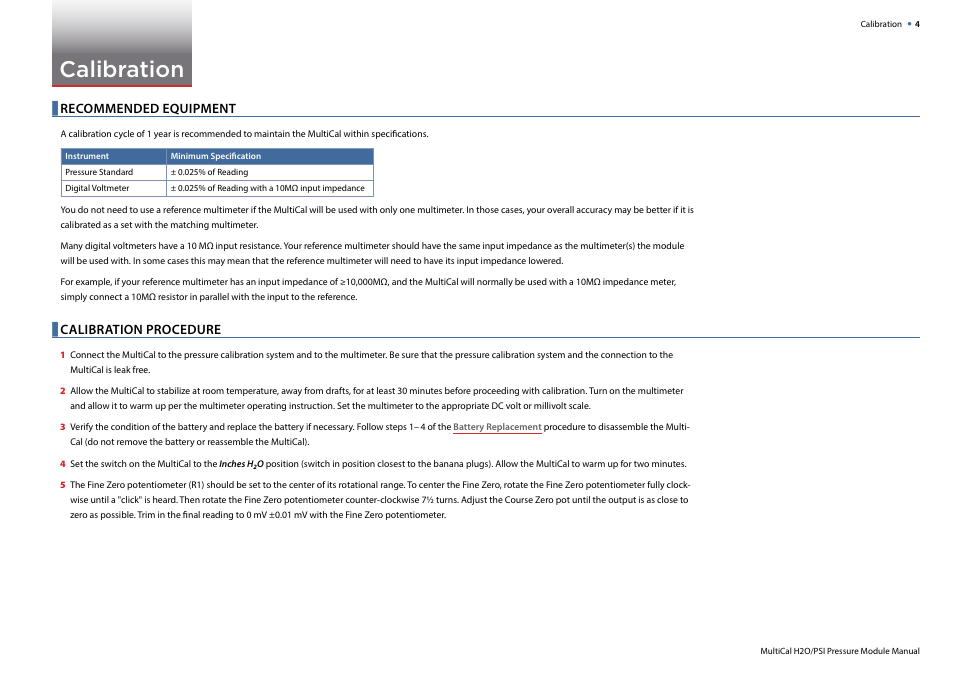 Calibration, Recommended equipment, Calibration procedure | Crystal MultiCal Pressure Module User Manual | Page 6 / 12