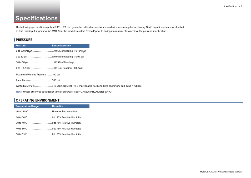 Specifications, Pressure, Operating environment | Crystal MultiCal Pressure Module User Manual | Page 8 / 12