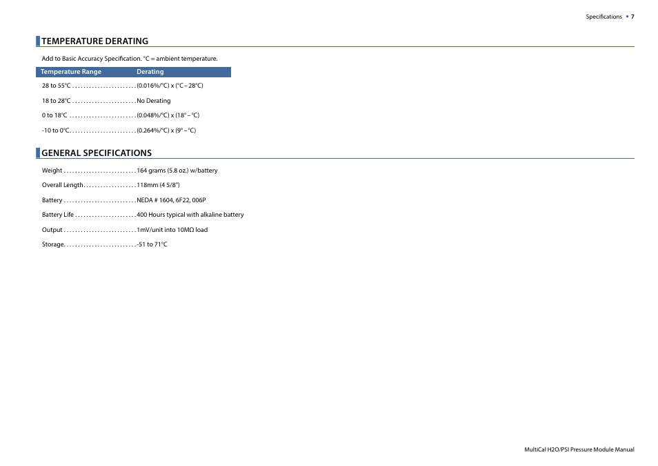 Temperature derating, General specifications | Crystal MultiCal Pressure Module User Manual | Page 9 / 12