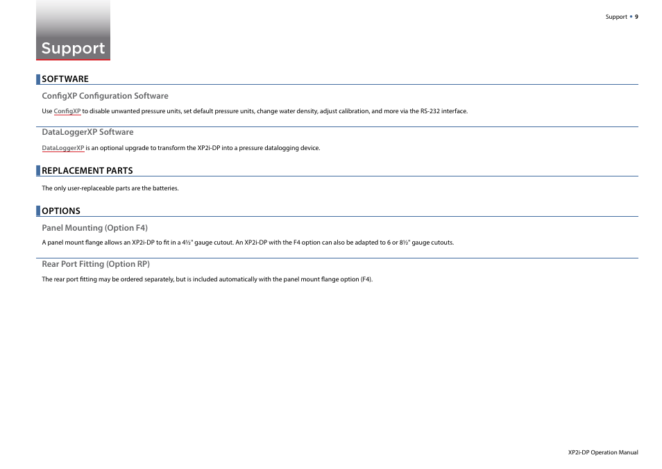 Support, Software, Replacement parts | Options | Crystal XP2i-DP Digital Differential Pressure Gauge User Manual | Page 11 / 14