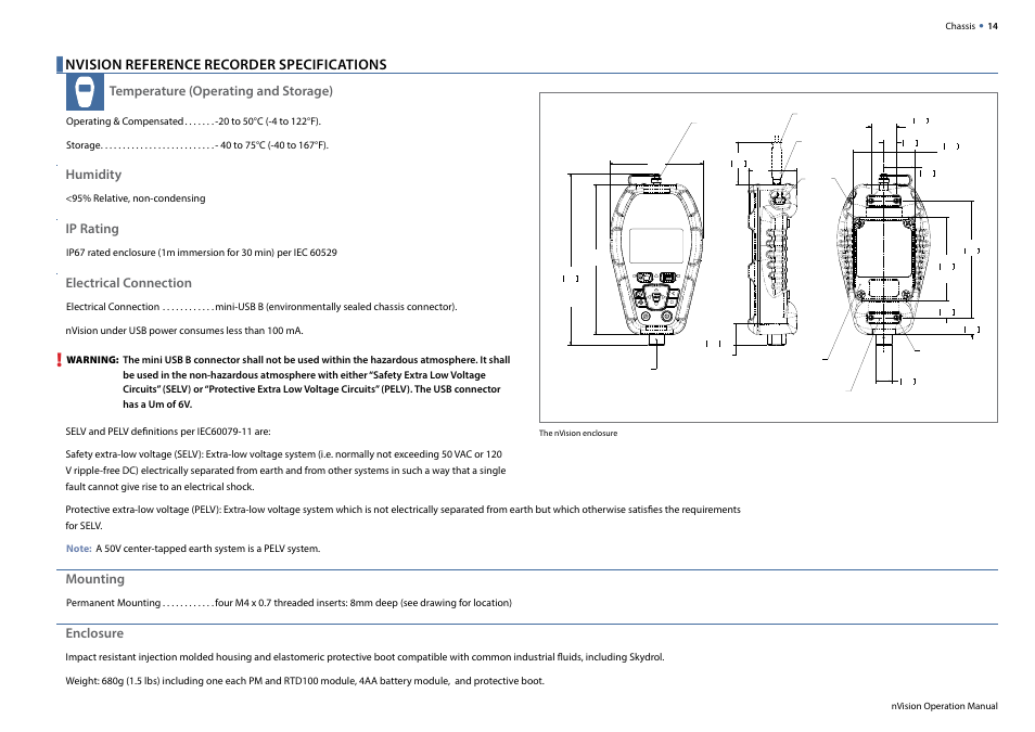 Nvision reference recorder specifications, Temperature (operating and storage), Humidity | Ip rating, Electrical connection, Mounting, Enclosure | Crystal nVision Lab Reference User Manual | Page 16 / 54