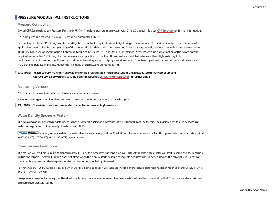 Pressure module (pm) instructions | Crystal nVision Lab Reference User Manual | Page 20 / 54