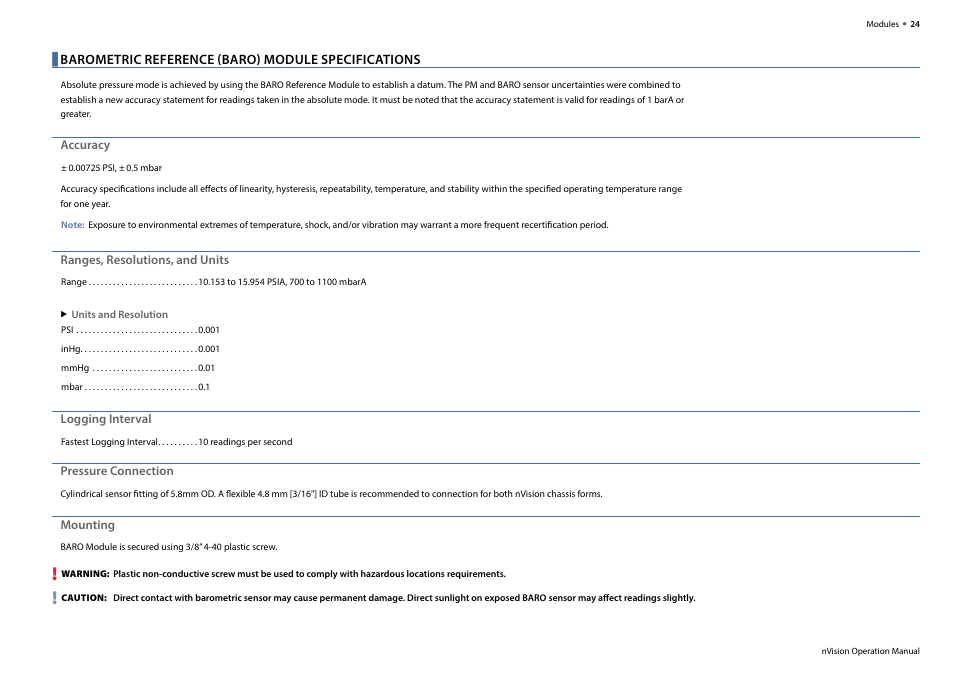 Barometric reference (baro) module specifications | Crystal nVision Lab Reference User Manual | Page 26 / 54