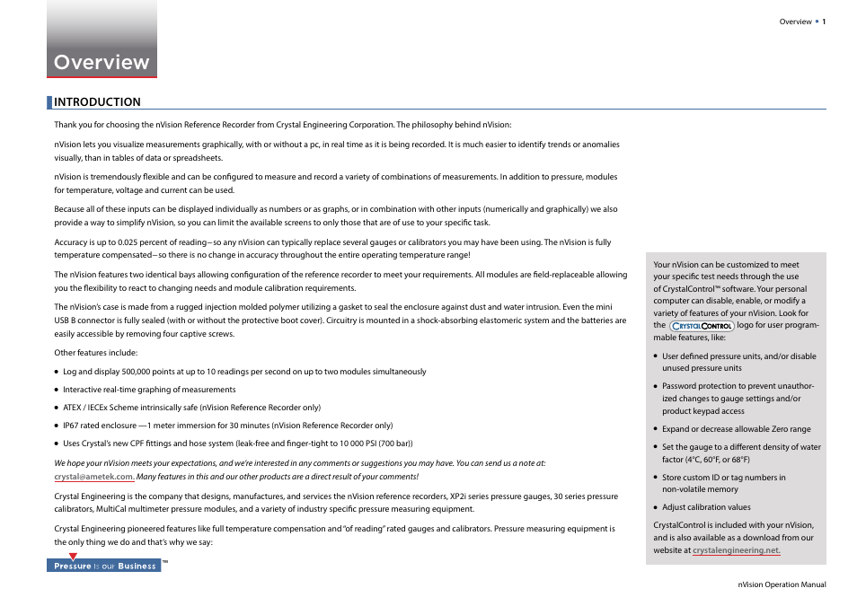 Overview, Introduction | Crystal nVision Lab Reference User Manual | Page 3 / 54