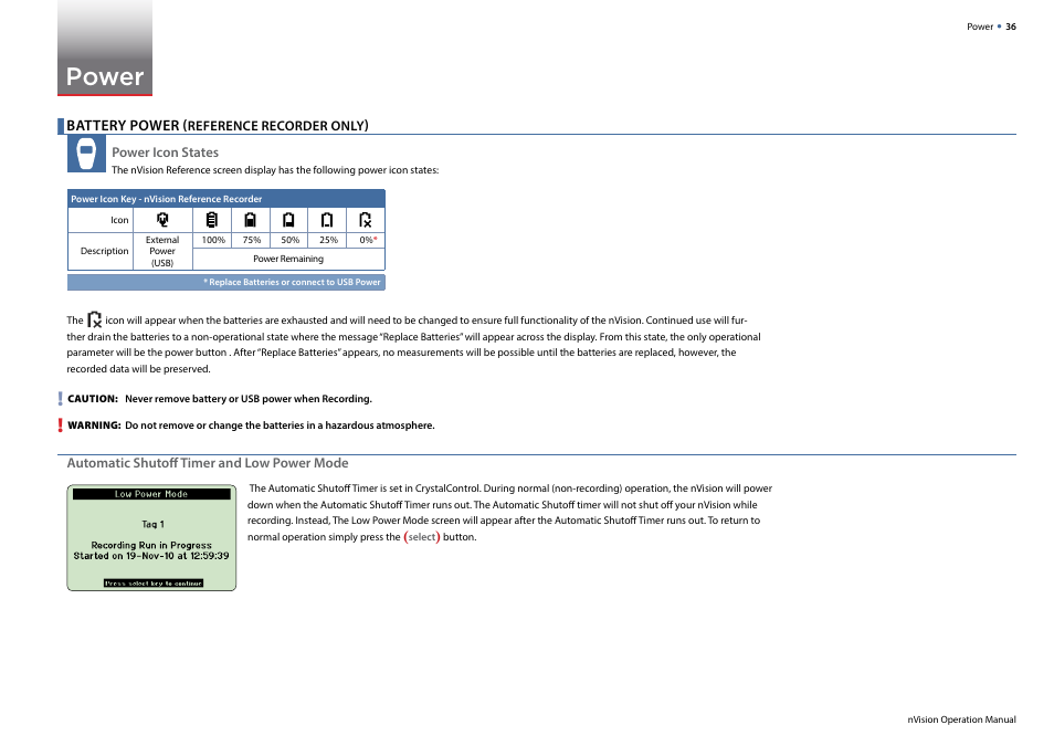 Power, Battery power (reference recorder only) | Crystal nVision Lab Reference User Manual | Page 38 / 54