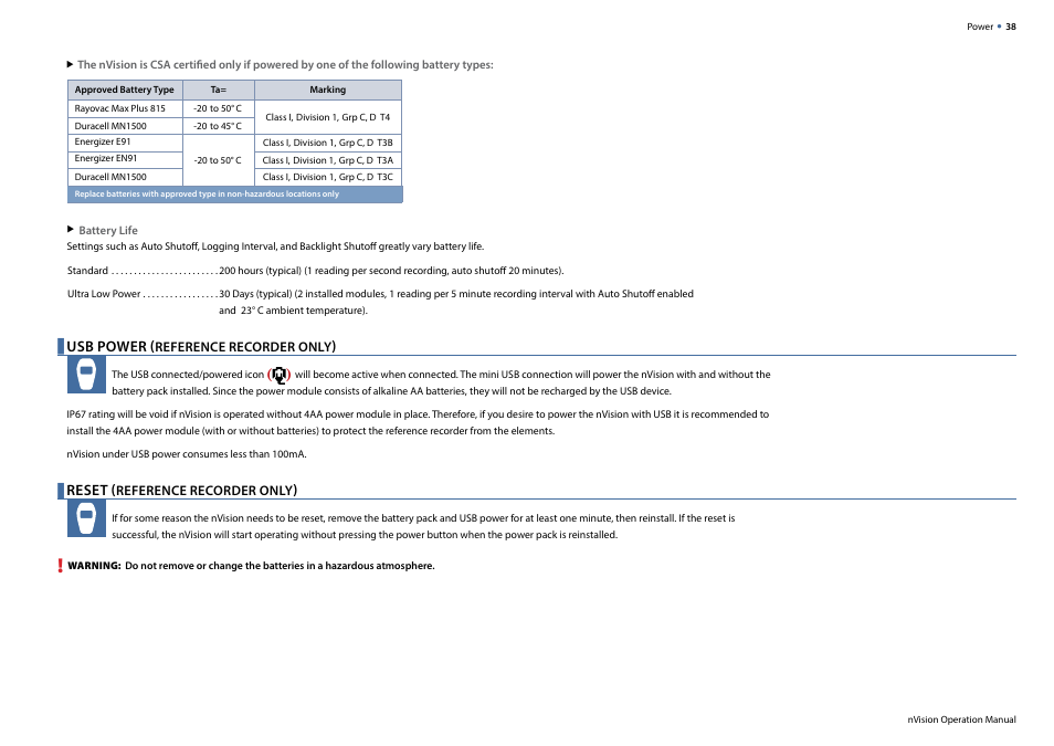 Usb power (reference recorder only), Reset (reference recorder only) | Crystal nVision Lab Reference User Manual | Page 40 / 54