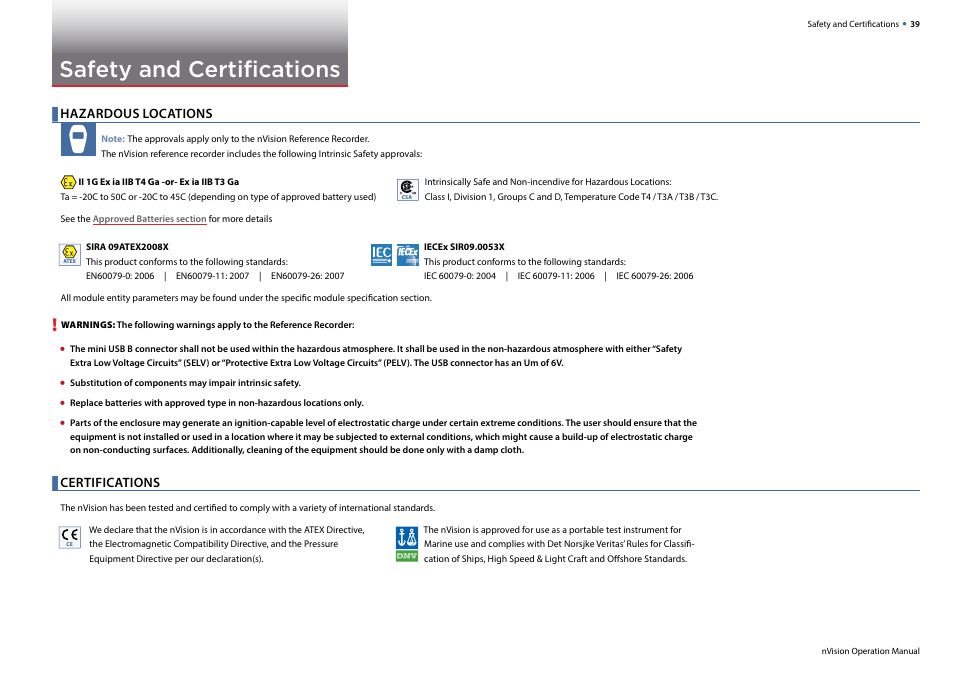 Safety and certifications, Hazardous locations, Certifications | Crystal nVision Lab Reference User Manual | Page 41 / 54