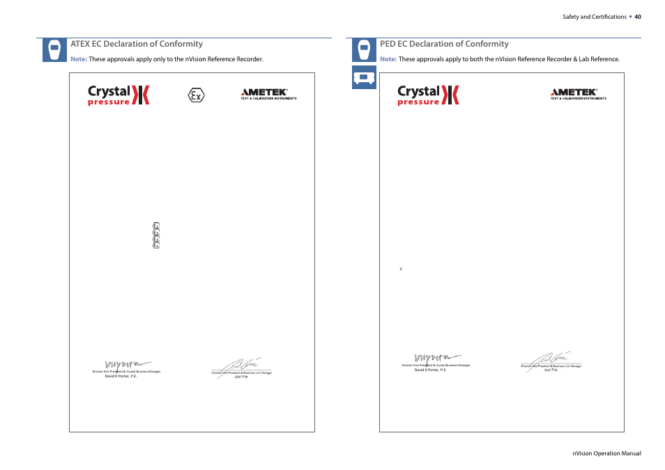 Atex ec declaration of conformity, Ped ec declaration of conformity, Declaration of conformity | Crystal nVision Lab Reference User Manual | Page 42 / 54