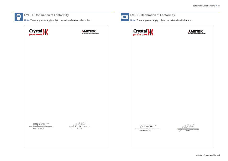 Emc ec declaration of conformity, Declaration of conformity | Crystal nVision Lab Reference User Manual | Page 43 / 54