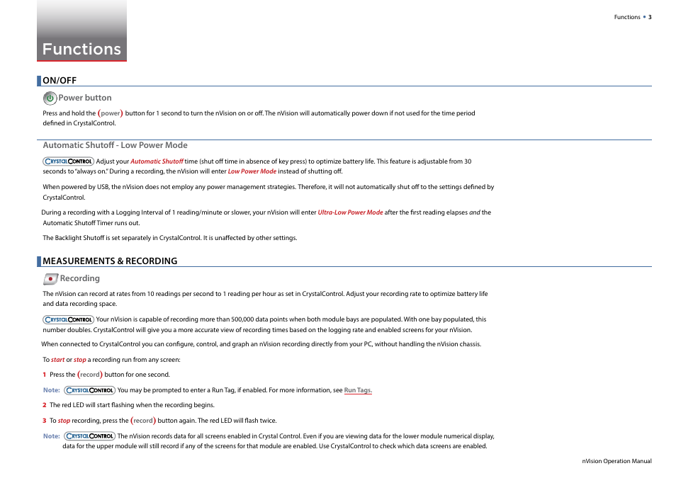 Functions, On/off, Measurements & recording | Crystal nVision Lab Reference User Manual | Page 5 / 54