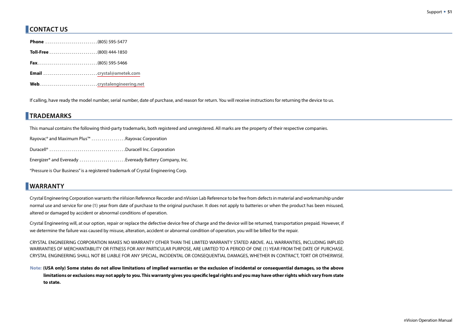 Contact us, Trademarks, Warranty | Crystal nVision Lab Reference User Manual | Page 53 / 54