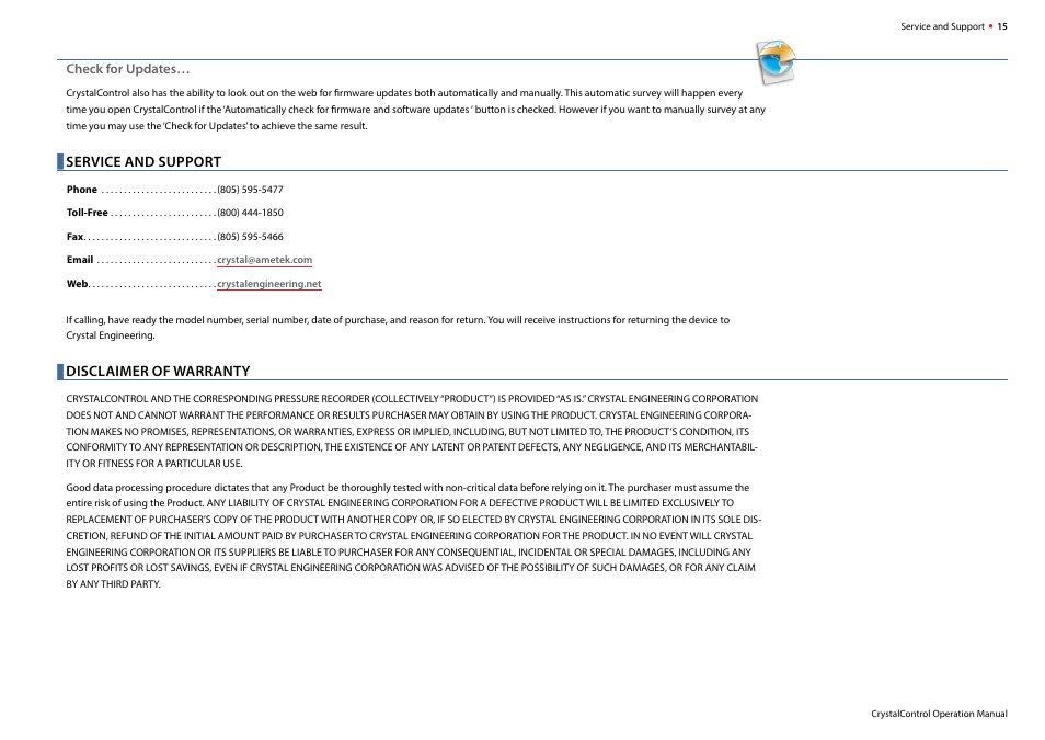 Check for updates, Service and support, Disclaimer of warranty | Crystal nVision Lab Reference User Manual | Page 17 / 18