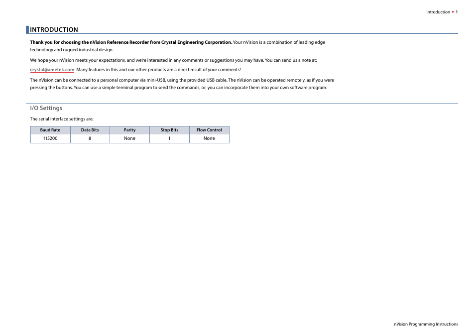 Introduction, I/o settings | Crystal nVision Lab Reference User Manual | Page 3 / 12