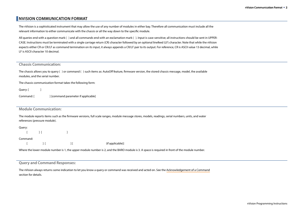 Nvision communication format, Chassis communication, Module communication | Query and command responses | Crystal nVision Lab Reference User Manual | Page 4 / 12