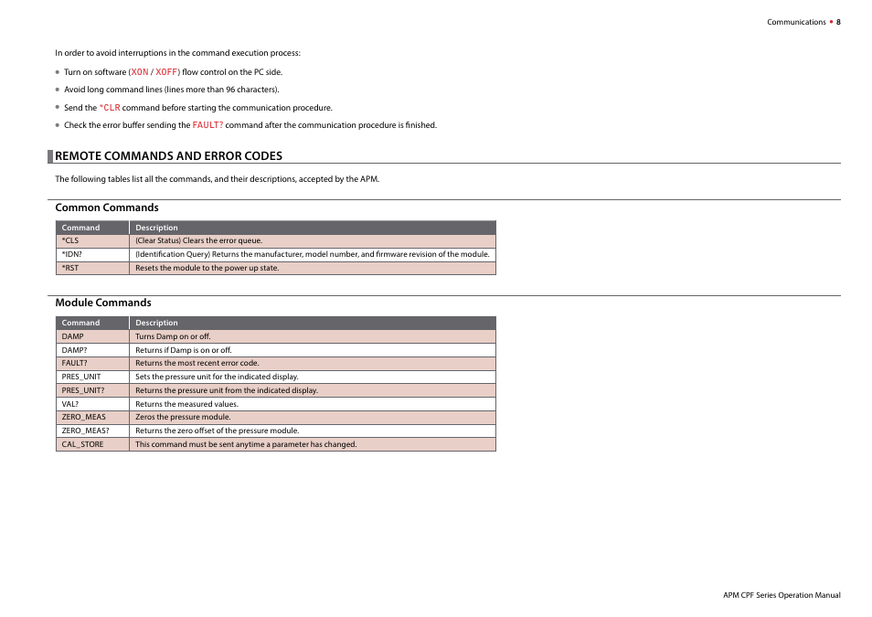 Remote commands and error codes | Crystal APM Advanced Pressure Module User Manual | Page 10 / 16