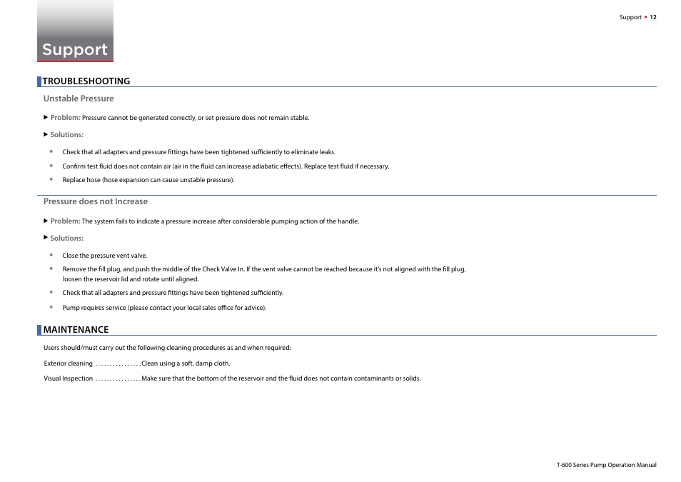Support, Troubleshooting, Maintenance | Crystal T-620H-CPF Hydraulic Hand Pump User Manual | Page 14 / 17