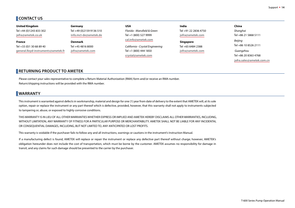 Contact us, Returning product to ametek, Warranty | Crystal T-620H-CPF Hydraulic Hand Pump User Manual | Page 16 / 17