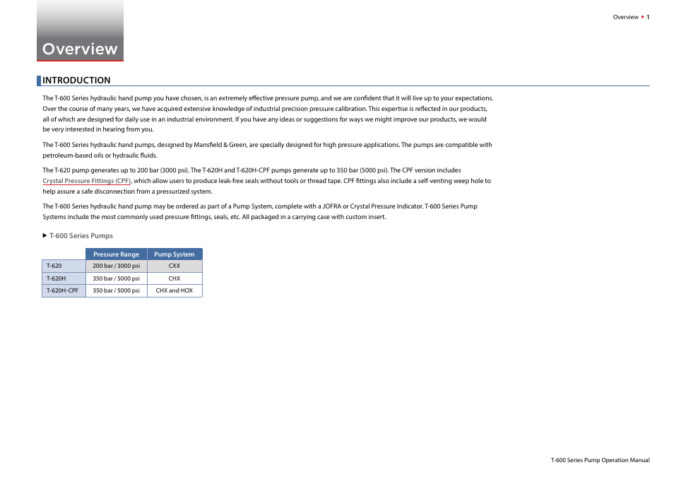 Overview, Introduction | Crystal T-620H-CPF Hydraulic Hand Pump User Manual | Page 3 / 17