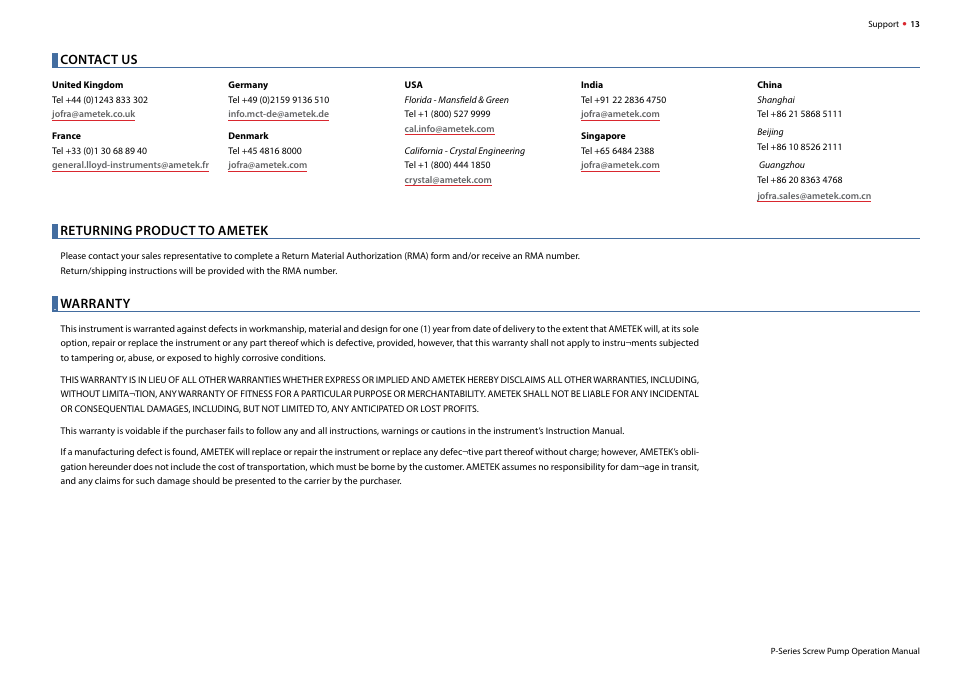 Contact us, Returning product to ametek, Warranty | Crystal P-018-CPF Hydraulic Screw Pump User Manual | Page 15 / 16