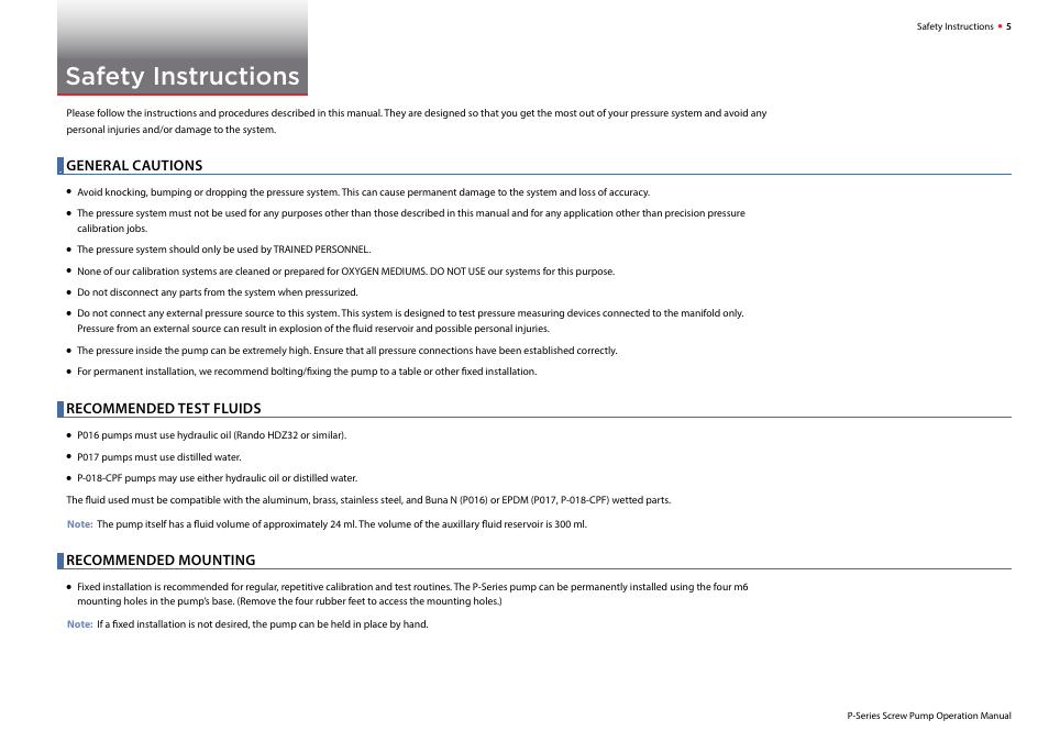 Safety instructions, General cautions, Recommended test fluids | Recommended mounting | Crystal P-018-CPF Hydraulic Screw Pump User Manual | Page 7 / 16
