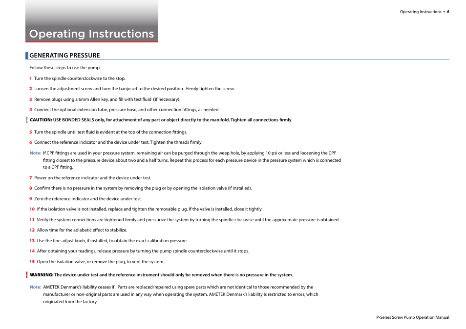 Operating instructions, Generating pressure | Crystal P-018-CPF Hydraulic Screw Pump User Manual | Page 8 / 16