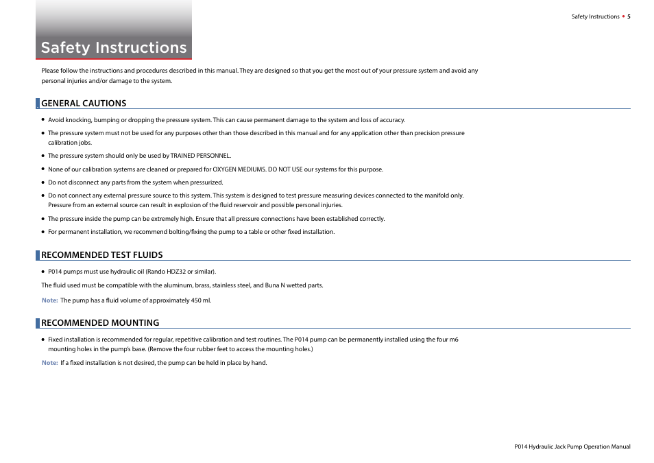 Safety instructions, General cautions, Recommended test fluids | Recommended mounting | Crystal Pump Systems User Manual | Page 7 / 15