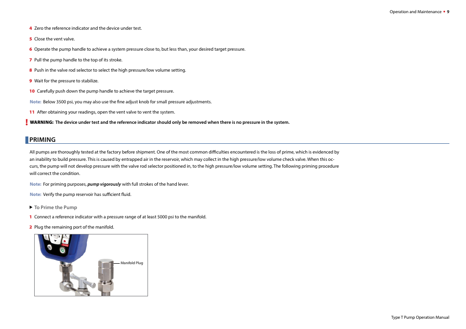 Priming | Crystal T-1-CPF Hydraulic Comparator User Manual | Page 11 / 25