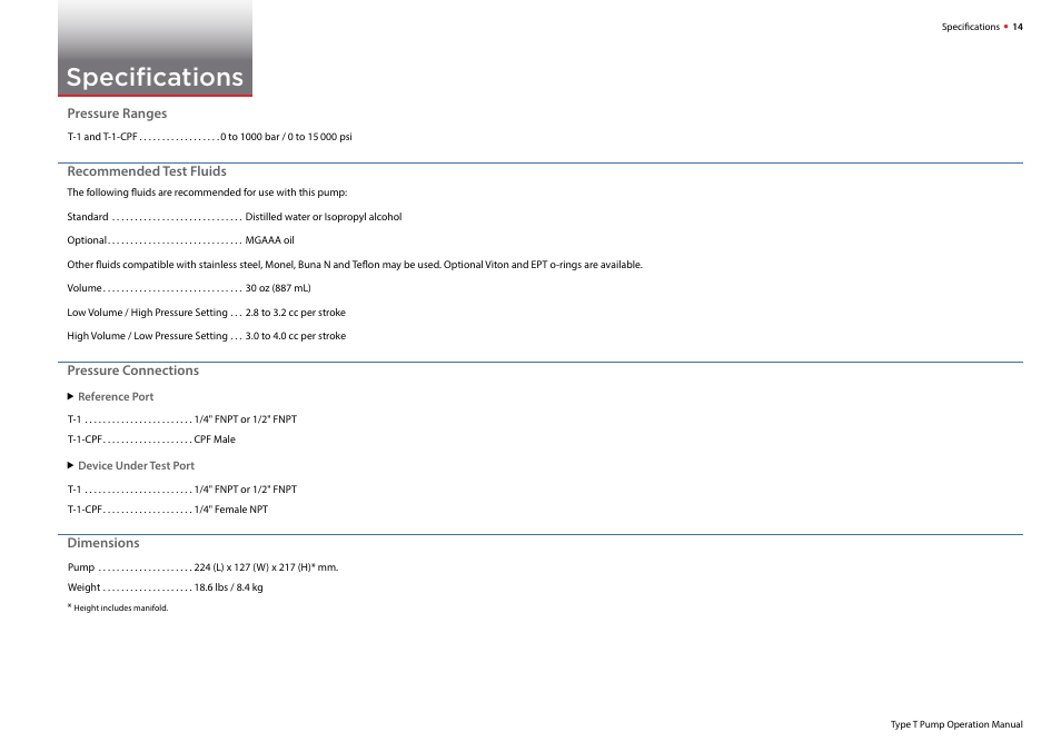 Specifications | Crystal T-1-CPF Hydraulic Comparator User Manual | Page 16 / 25