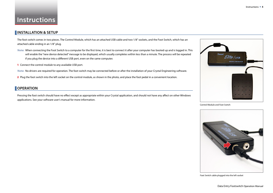 Instructions, Installation & setup, Operation | Crystal FastCalXP Calibration Software User Manual | Page 4 / 6