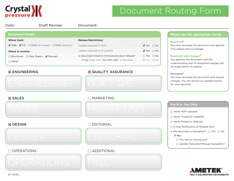 Document routing form | Crystal FastCalXP Calibration Software User Manual | Page 2 / 2