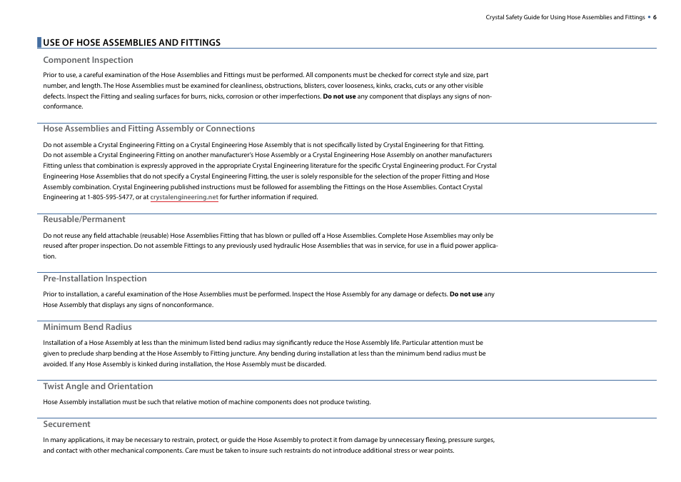 Use of hose assemblies and fittings, Component inspection, Reusable/permanent | Pre-installation inspection, Minimum bend radius, Twist angle and orientation, Securement | Crystal CPF High Pressure Hose and Fittings User Manual | Page 8 / 12
