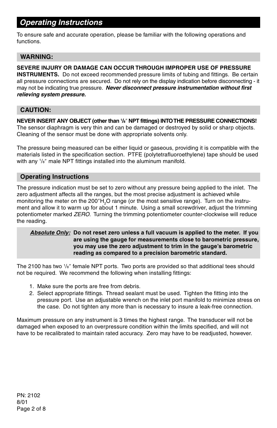 Operating instructions | Crystal 2100 Series User Manual | Page 2 / 8