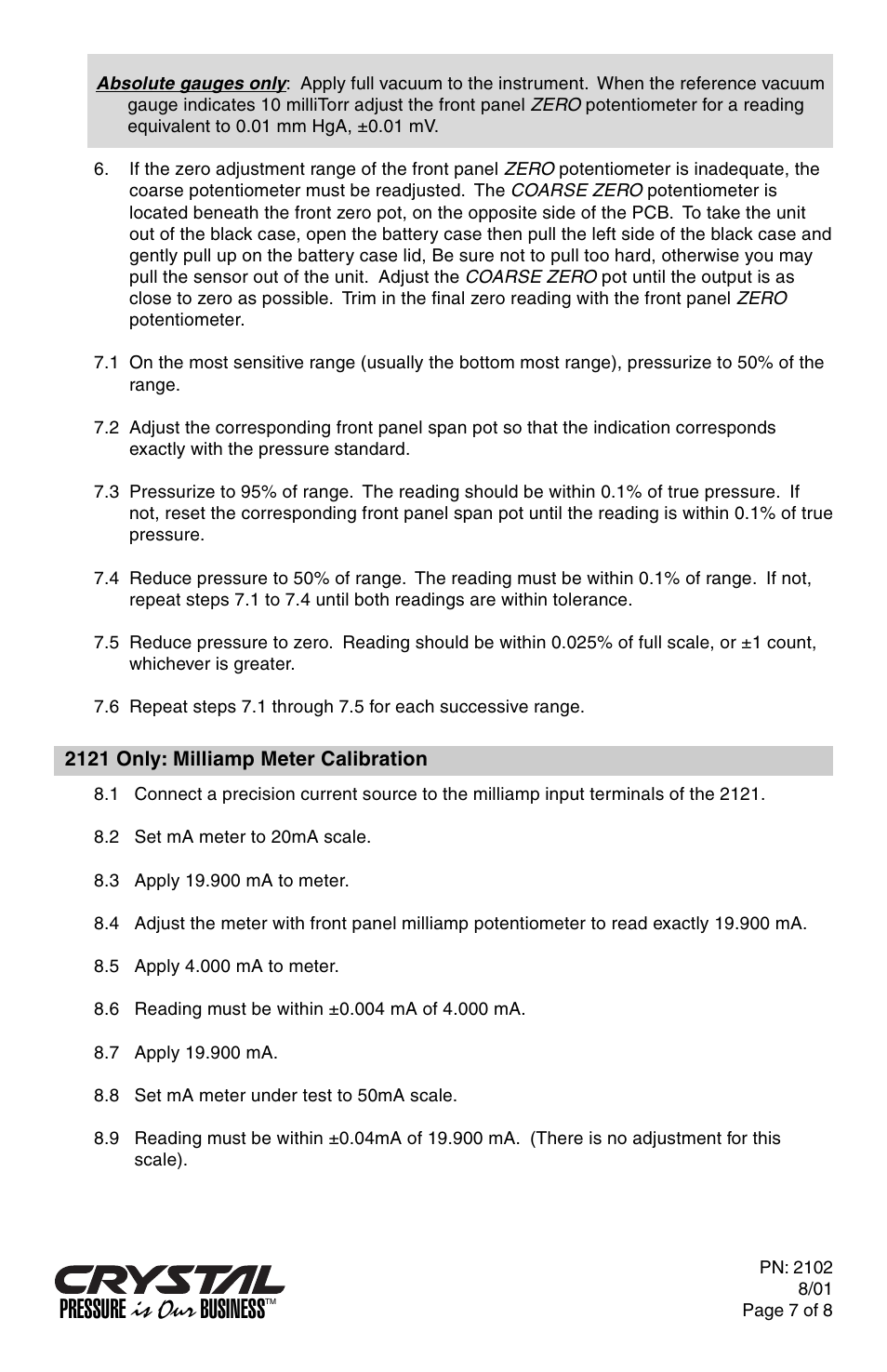 Pressure is our business | Crystal 2100 Series User Manual | Page 7 / 8