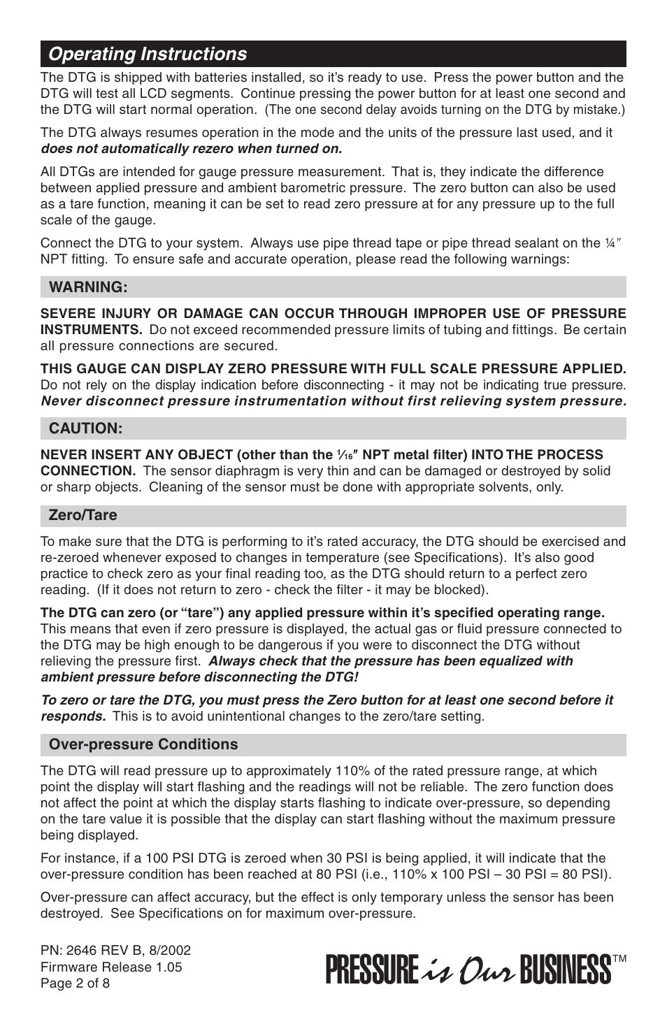 Pressure, Is our business, Operating instructions | Crystal DTG User Manual | Page 2 / 8