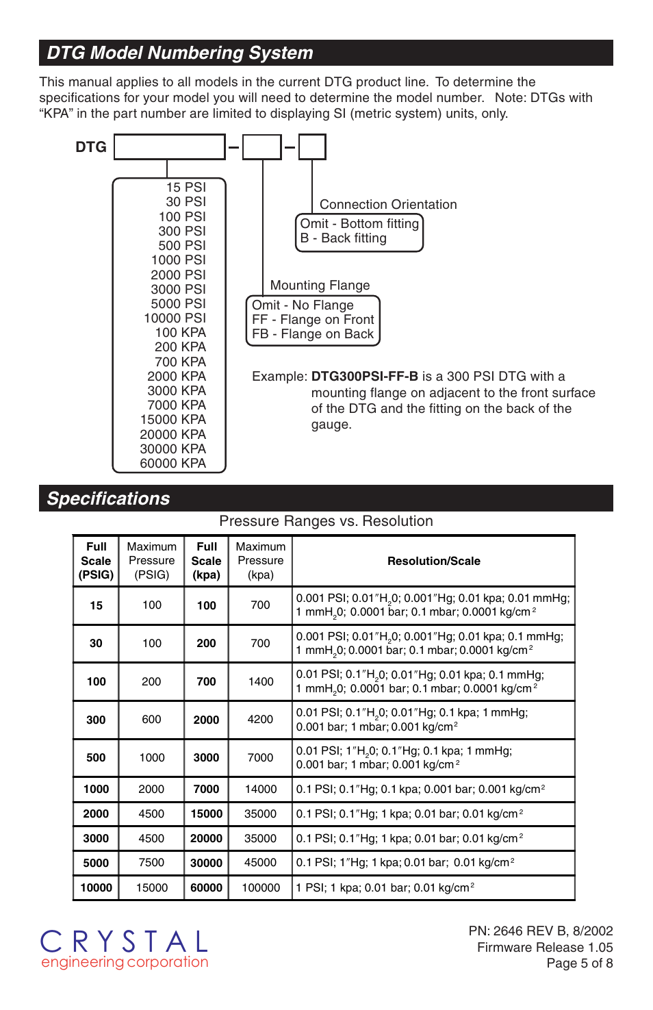 Dtg model numbering system, Specifications, Engineering corporation | Pressure ranges vs. resolution | Crystal DTG User Manual | Page 5 / 8