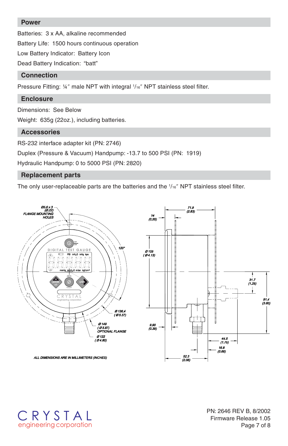 Engineering corporation, Power, Connection | Enclosure, Accessories, Replacement parts, Pressure fitting, Male npt with integral, Npt stainless steel filter | Crystal DTG User Manual | Page 7 / 8