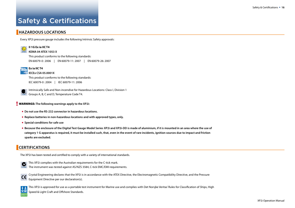 Safety & certifications, Hazardous locations, Certifications | Crystal XP2i 2nd Generation User Manual | Page 18 / 30