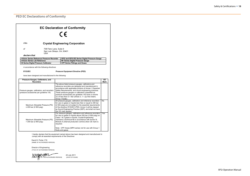 Ped ec declarations of conformity, Ec declaration of conformity, Crystal engineering corporation | Crystal XP2i 2nd Generation User Manual | Page 20 / 30