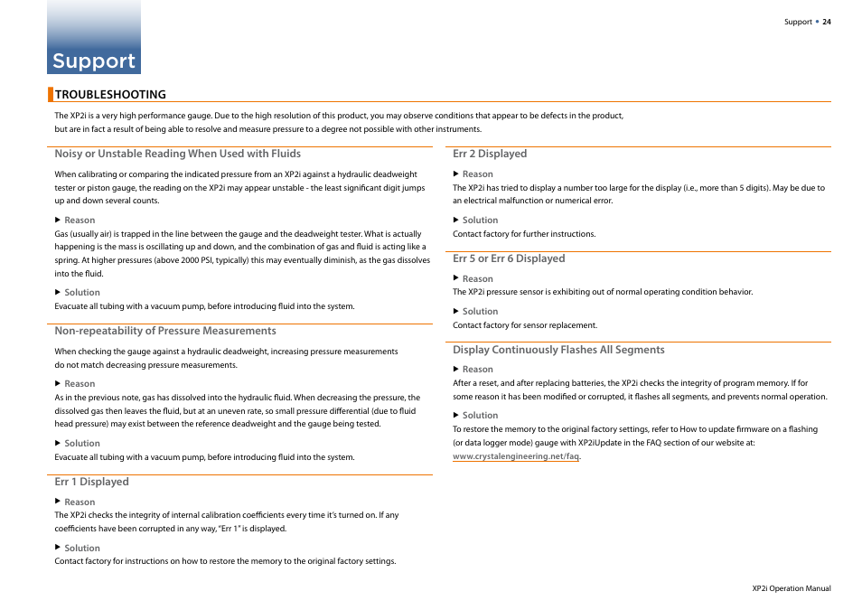 Support, Troubleshooting | Crystal XP2i 2nd Generation User Manual | Page 26 / 30