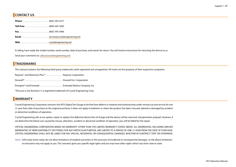 Contact us, Trademarks, Warranty | Crystal XP2i 2nd Generation User Manual | Page 29 / 30