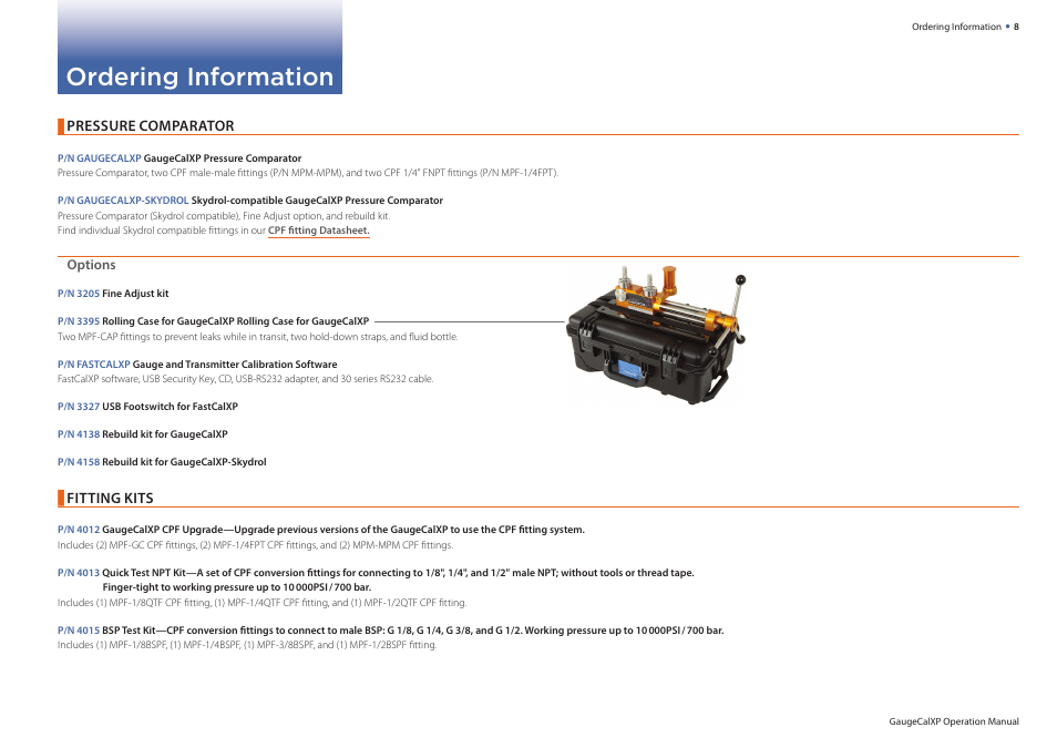 Ordering information, Pressure comparator, Fitting kits | Crystal GaugeCalXP User Manual | Page 10 / 12