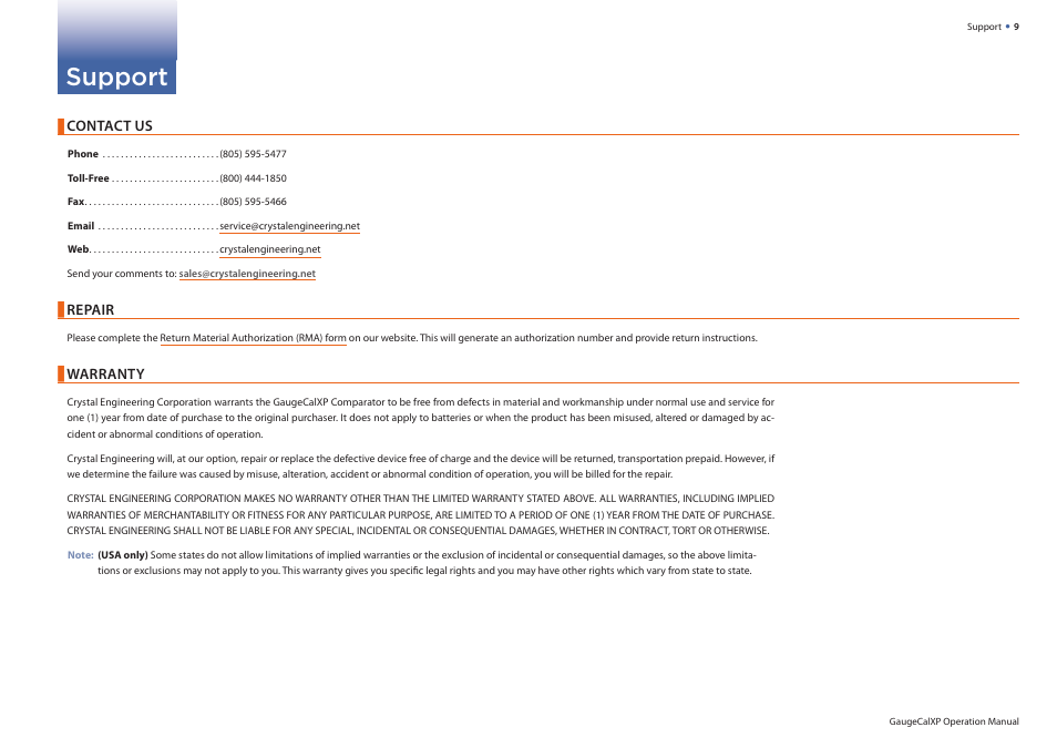 Support, Contact us, Repair | Warranty | Crystal GaugeCalXP User Manual | Page 11 / 12