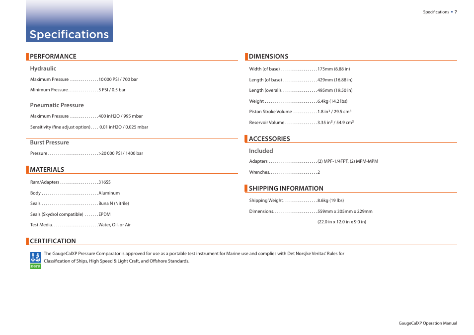 Specifications, Performance, Materials | Dimensions, Accessories, Shipping information, Certification | Crystal GaugeCalXP User Manual | Page 9 / 12