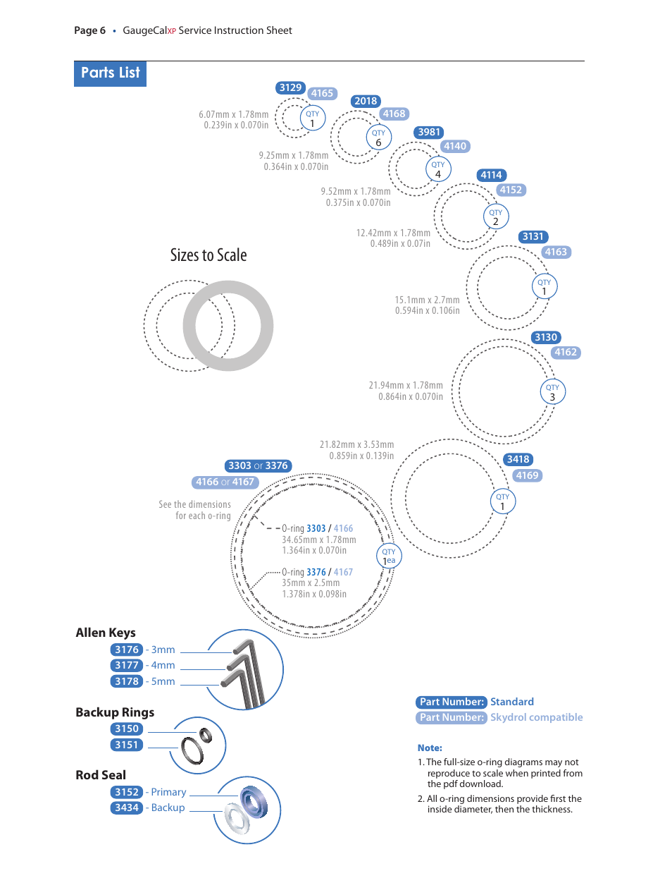 Sizes to scale, Parts list | Crystal GaugeCalXP Rebuild Kit User Manual | Page 6 / 8