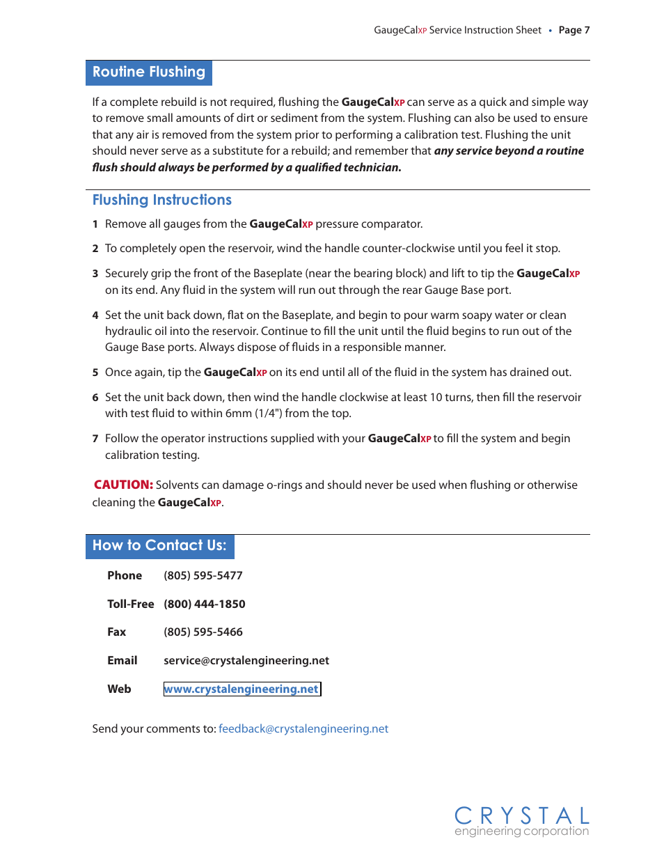 How to contact us, Routine flushing, Flushing instructions | Crystal GaugeCalXP Rebuild Kit User Manual | Page 7 / 8