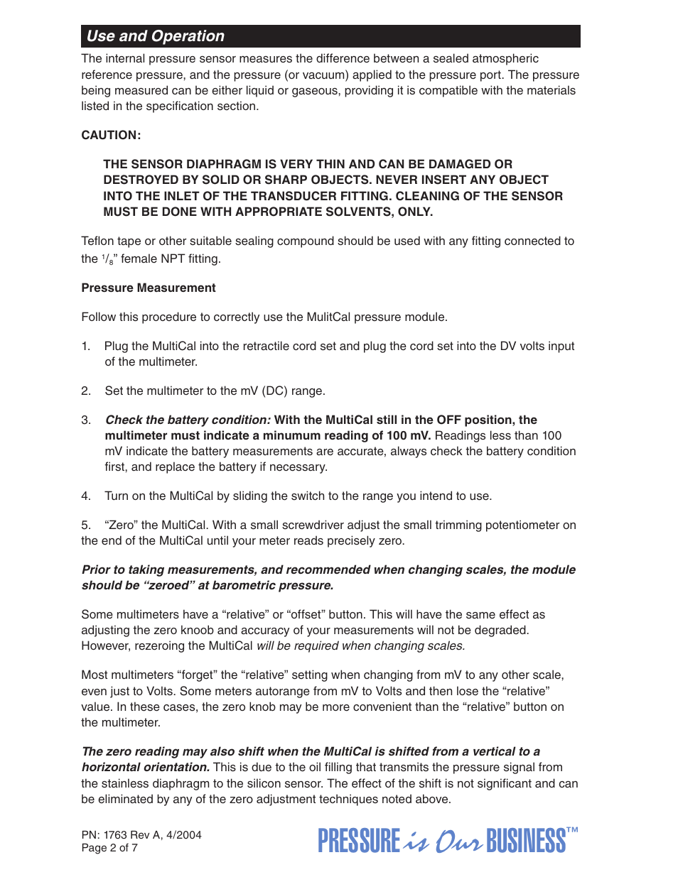 Pressure is our business | Crystal MultiCal BAR/PSI User Manual | Page 2 / 7