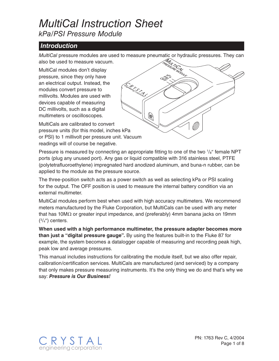 Crystal MultiCal KPA/PSI User Manual | 8 pages